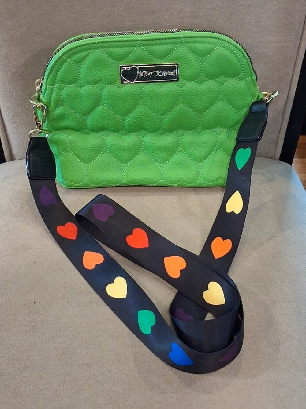 Betsey Johnson Lime Green Quilted Heart Strap Crossbody Bag